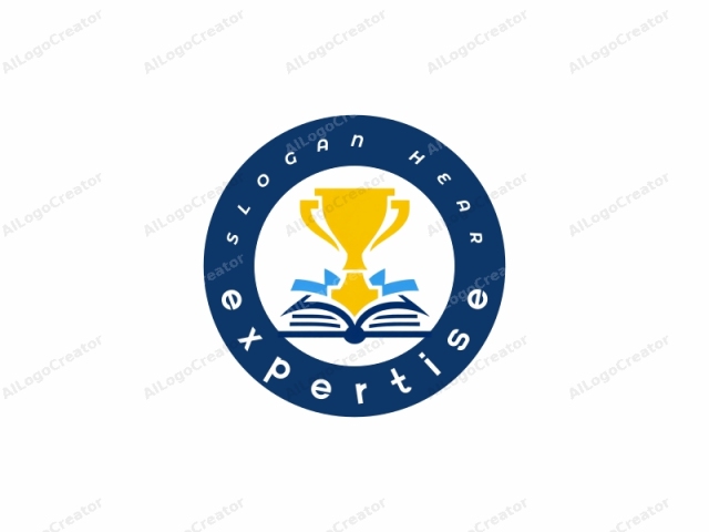 This logo is a minimalist digital illustration depicting a golden trophy resting atop an open book. The trophy is prominently displayed at the top center of the image, characterized by two broad, curved handles and a flat, rounded bowl. The book beneath the trophy