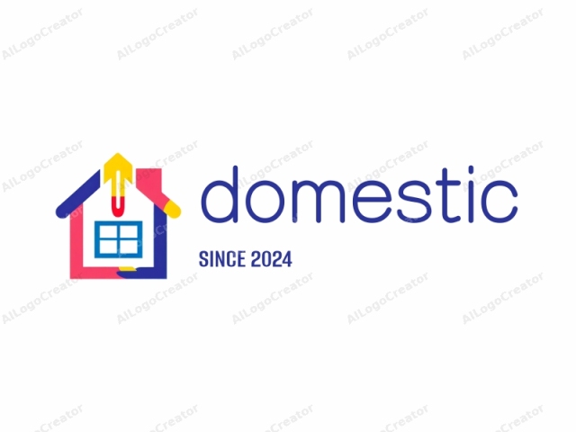 This is a digital logo depicting a stylized, abstract house. The central figure consists of a large, rectangular house shape with a sloping roof. The house is divided into four quadrants, each quadrant colored differently: red, blue, yellow