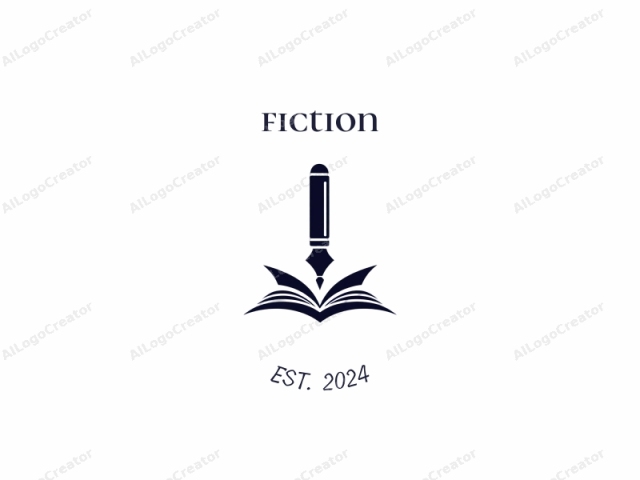 featuring a minimalist black and white design. The image consists of a stylized representation of a pen and a book, set against a plain white background. The pen is depicted vertically, with a smooth, curved tip, and its body is thick and