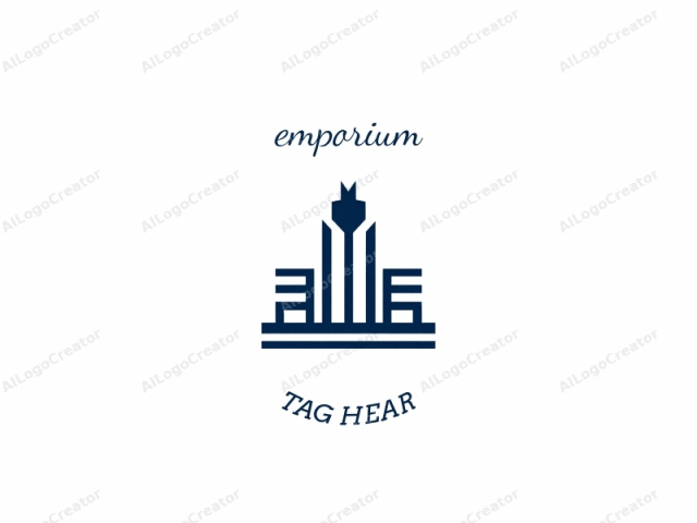 This is a minimalist, geometric logo in dark blue on a stark white background. The design is symmetrical and abstract, resembling a stylized city skyline. The central focal point is a tall, slender tower adorned with a small, pointed top and