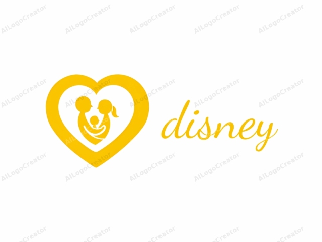 Este es un logotipo minimalista en un estilo de diseño plano, que presenta una forma de corazón amarillo sólido y brillante. Dentro del corazón, hay figuras simplificadas y en silueta de un hombre, una mujer y un niño. El hombre, representado por