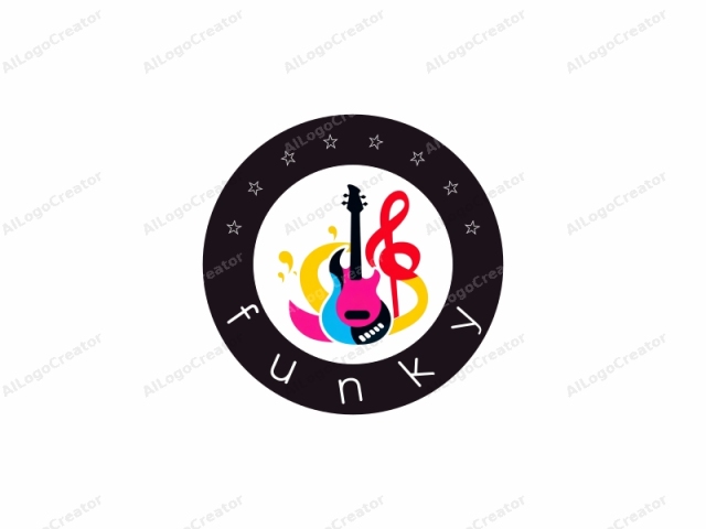 Dies ist ein farbenfrohes, abstraktes Logo, das eine E-Gitarre und eine musikalische Note zeigt. Die Gitarre ist prominent in der Mitte positioniert, ihr Korpus ist in hellen Blau-, Rosa- und Schwarztönen lackiert. Der Hals der Gitarre ist schwarz und scheint