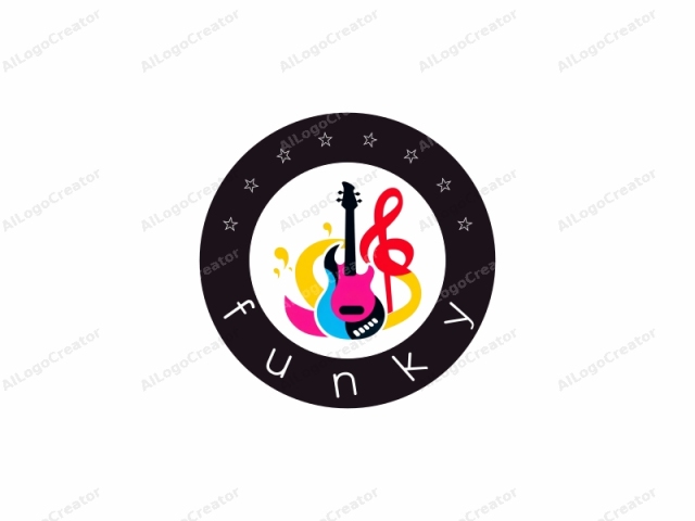 This is a colorful, abstract logo featuring an electric guitar and a musical note. The guitar is prominently positioned in the center, its body painted in bright shades of blue, pink, and black. The neck of the guitar is black and appears to