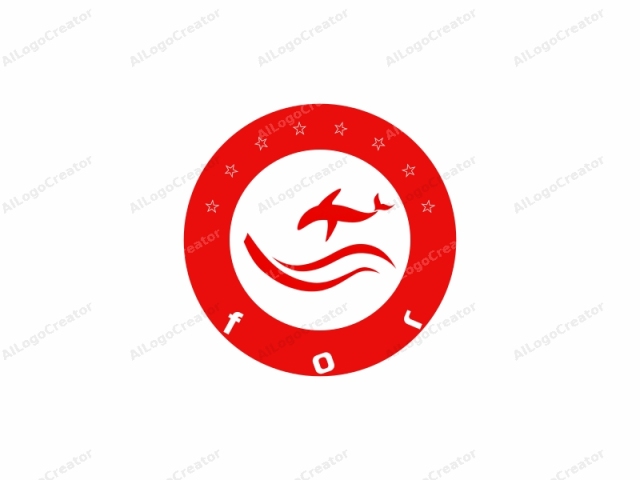 centrándose en los elementos y su interacción. Este es un logotipo minimalista que presenta dos figuras estilizadas de delfines y un diseño ondulado en un vibrante rojo. La figura principal del delfín se encuentra en el lado izquierdo, posicionada horizontalmente con su cuerpo mirando hacia la derecha