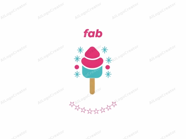 Este es un diseño de logotipo minimalista que presenta un cono de helado estilizado. El cono de helado está compuesto por una base plana de color turquesa con un pequeño palito de madera cilíndrico que sobresale desde la parte inferior. El helado en sí es de un magenta sólido