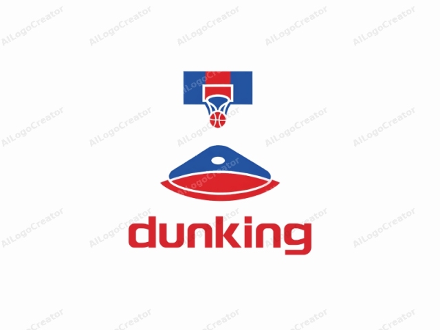 This image is a minimalist graphic logo featuring two distinct elements: an overhead basketball hoop and a basketball. The background is stark white, providing a clean and uncluttered space for the design to stand out. The hoop is represented in a vivid