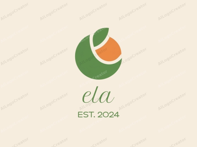 The image is a minimalist, geometric design featuring a stylized, abstract representation of an orange with a leaf. It consists of two primary colors: a dark green for the outer circle and an orange for the inner circle and leaf. The orange inner