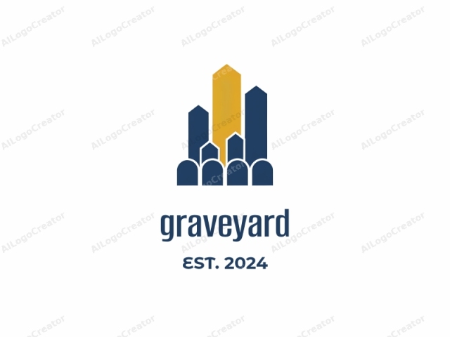 featuring a minimalist geometric design. This logo, rendered in a clean, modern style, consists of a series of abstract buildings arranged in a triangular formation. The primary color scheme includes dark blue, yellow, and white. The tallest building is in yellow,