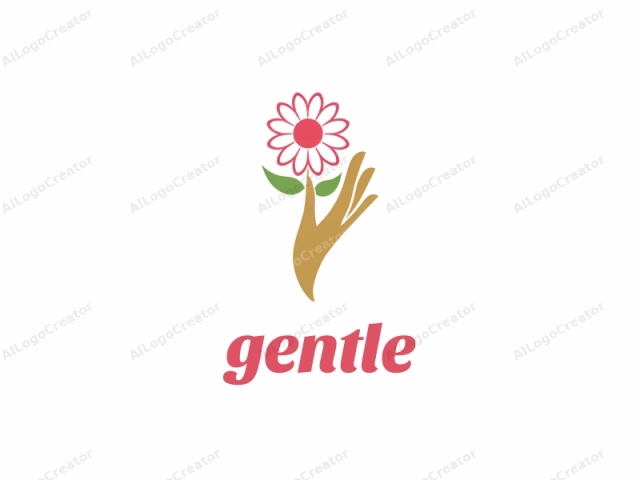 Este es un logotipo simple y minimalista que presenta una mano estilizada sosteniendo una flor. La mano se representa en una forma marrón, suave y redondeada, con una palma ligeramente curvada y tres dedos extendidos hacia arriba. La flor, centrada debajo de la mano,