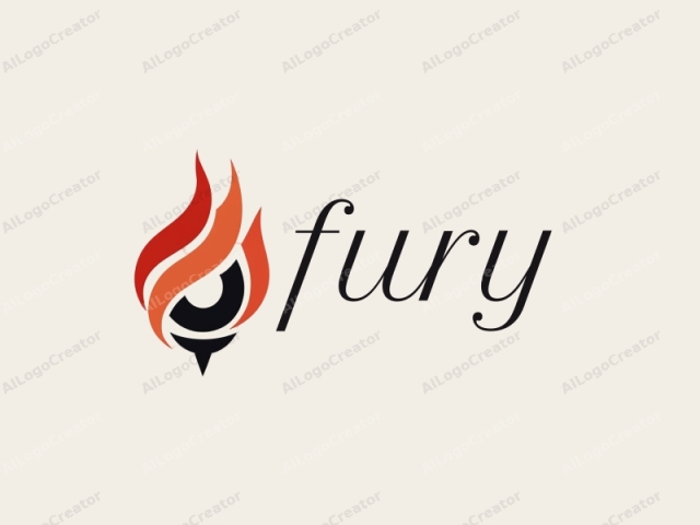 This is a minimalist, abstract logo featuring a stylized, geometric flame and an eye. The logo consists of three main colors: black, red, and orange. The central element is a black, circular shape resembling an eye, with a sharp