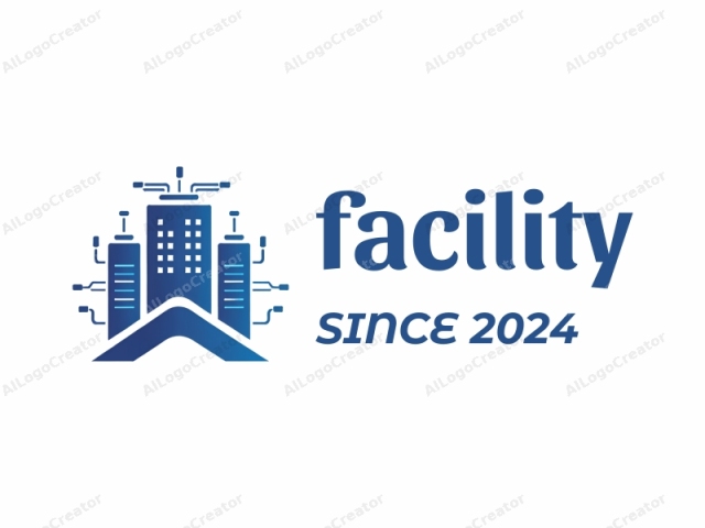 representando un paisaje urbano digital y futurista. El logotipo, ejecutado en un estilo moderno y elegante, presenta un rascacielos central representado en tonos de azul. Este rascacielos tiene una forma rectangular y está dividido en numerosas ventanas rectangulares más pequeñas, simbolizando su