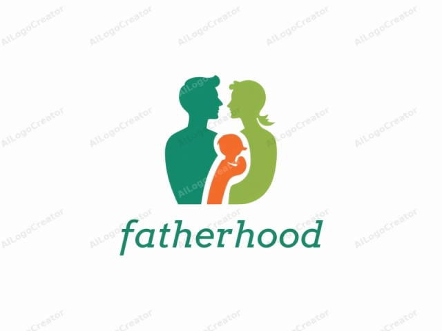 in a minimalist, abstract style. This logo is a digitally created graphic featuring two silhouettes of a man and a woman, facing each other and embracing a child. The silhouettes are in a simple, clean style, with smooth, un