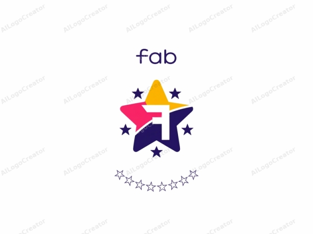 Este logo digital consiste en formas geométricas atrevidas. En su centro, hay una letra mayúscula estilizada "F" con un diseño curvo único. Rodeando la "F" hay cuatro figuras en forma de estrella de diferentes colores: rosa, amarillo