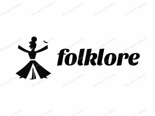 This image is a minimalist, black-and-white vector illustration featuring a stylized silhouette of a dancer. The dancer is depicted in a dynamic pose, with one arm raised above the head, and the other arm extended outward, as if performing a graceful