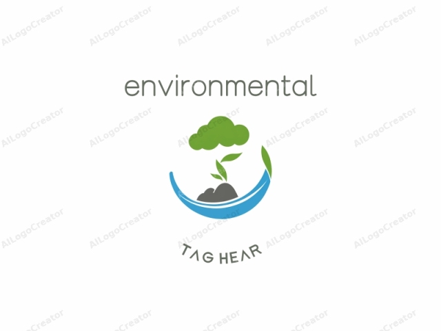 This is a minimalist logo designed in a clean, flat, digital art style. The central subject is a stylized tree with a green, leafy top and two vibrant green leaves emerging from its trunk. The tree stands on a light grey rock