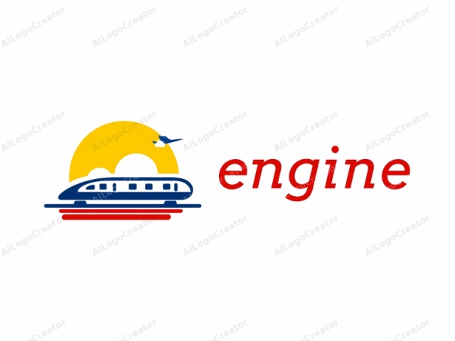 This is a minimalist logo designed in a flat digital style. The central image depicts a sleek, futuristic train with a streamlined body in dark blue, reminiscent of a bullet train. The train has a single row of small, square windows running along its