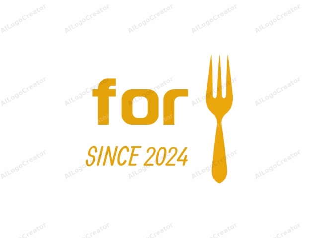 La imagen del logotipo es minimalista y abstracta, con un tenedor dorado estilizado centrado sobre un fondo blanco intenso. El tenedor se representa en un diseño moderno, plano y monocromático, con sus cuatro dientes extendiéndose hacia arriba y ligeramente hacia afuera en una simetría.