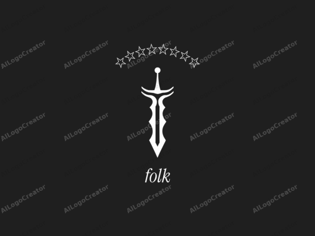 Esta es una imagen de logo minimalista, creada digitalmente, de una espada sobre un fondo negro sólido. La espada está representada en blanco puro, con líneas limpias y ángulos afilados, dándole una apariencia moderna y geométrica. La hoja de la espada es recta,