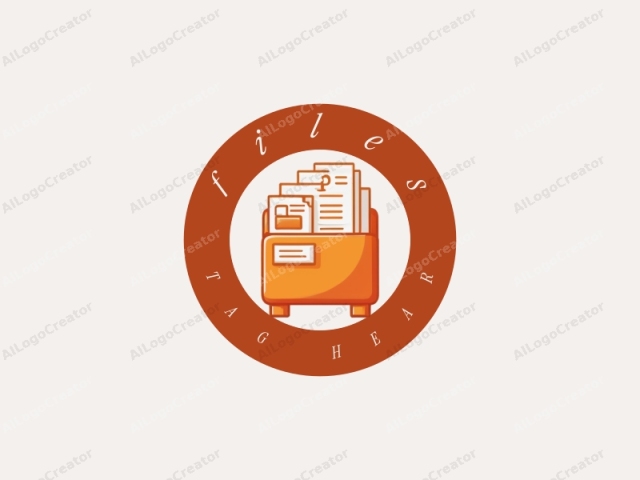 ロゴの意味を伝えるために、色、形状、構図の使用を強調しています。これはデジタルドローイングで、クリーンなラインと大胆なフラットカラーを用いたシンプルでミニマルなスタイルでレンダリングされています。主な主題は直立したオレンジ色のファイルキャビネットです。