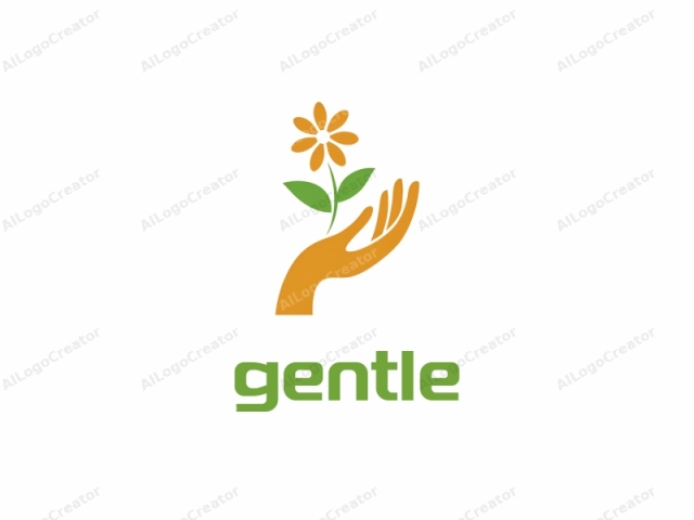 con un diseño minimalista y plano. El logo es una representación estilizada de una mano y una flor. La mano, dibujada en color naranja, se representa en una forma geométrica simplificada, con una palma curva y dedos alargados. Es