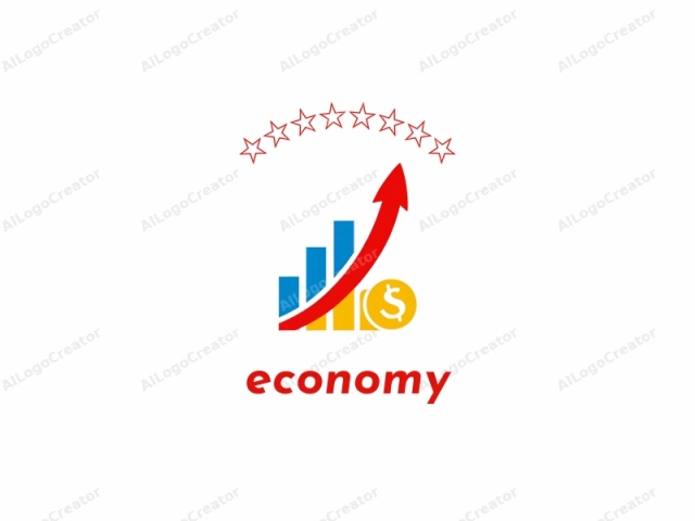 This is a digital graphic logo designed in a minimalist style. The central motif consists of three tall vertical columns representing a graph. The leftmost column is blue, the center column is yellow, and the rightmost column is red. An upward-point