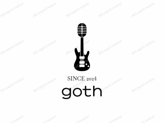 in schwarz und weiß. Dies ist ein minimalistisches Logo in einer fetten, vektorähnlichen Illustration. Das zentrale Bild ist eine stilisierte Darstellung einer E-Gitarre, die in reinem Schwarz vor einem rein weißen Hintergrund dargestellt ist. Der Körper der Gitarre ist verlängert und stromlinienförmig