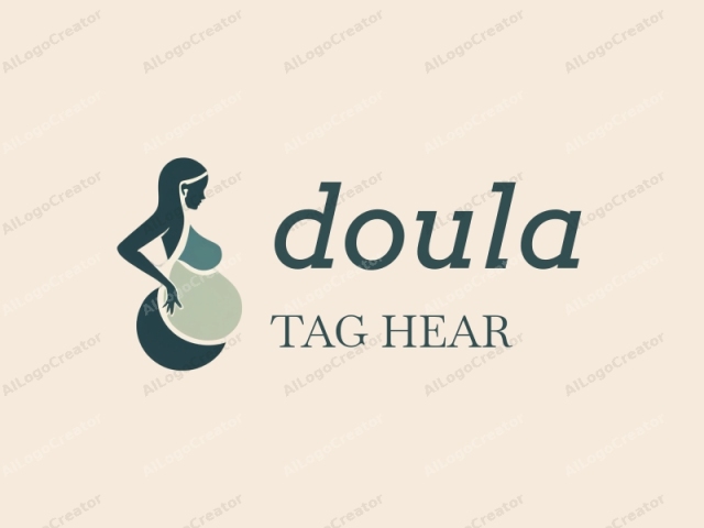 This minimalist logo features a stylized silhouette of a pregnant woman against a plain beige background. The figure is depicted in a side profile, facing left. Her hair is long and flows down her back, blending seamlessly into the design. She is portrayed