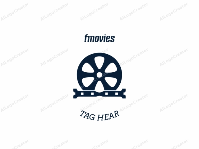 a dark blue film projector with a white background. This minimalist logo depicts a stylized, solid, and geometric representation of a film projector. The design features a large circular wheel with six equally spaced, curved spokes radiating outward from a central hub