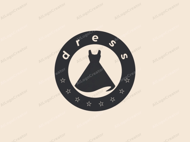 This logo image is a simple, minimalist, and monochromatic graphic, depicting a dress silhouette. The dress is depicted in solid black, against a light beige or off-white background. The dress is characterized by a halter neckline and a full