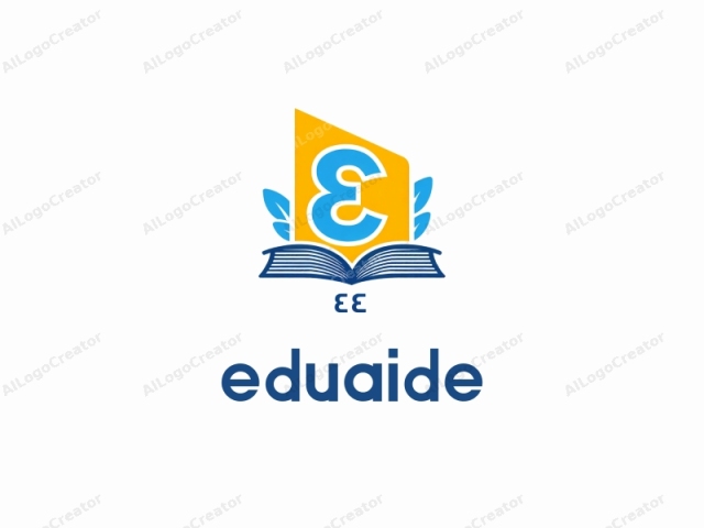 Este es un logo digital estilizado. El elemento central es una letra mayúscula "E" grande y audaz en un color amarillo brillante. Esta letra está rodeada por un contorno azul. Debajo de la "E", hay un libro azul con el