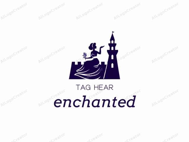 This image is a minimalist, digital drawing in a monochromatic dark blue color scheme on a white background. The subject is a stylized female figure in silhouette, seated atop a castle or fortress. The woman is depicted with a long flowing dress