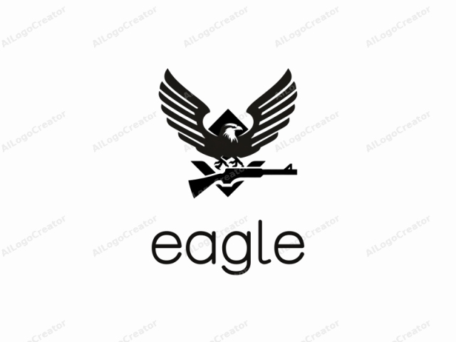 Dieses Logo-Bild ist eine minimalistisch gestaltete Schwarz-Weiß-Grafik, die einen stilisierten Adler mit weit ausgebreiteten Flügeln zeigt, der auf dem Lauf eines Gewehrs sitzt. Der Adler, mit scharfen Krallen und einem intensiven Blick, wird in einem schlanken Design dargestellt.