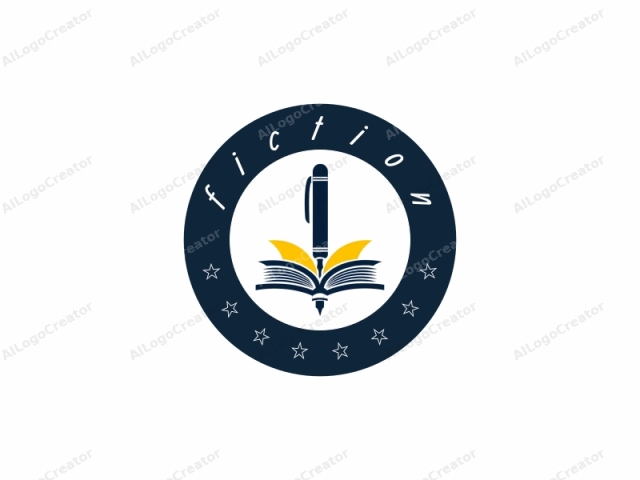 The image is a minimalist, stylized logo featuring a pen and an open book. The logo uses dark blue and bright yellow colors. The pen is depicted vertically, with the tip pointing towards the top of the image. The pen's handle is