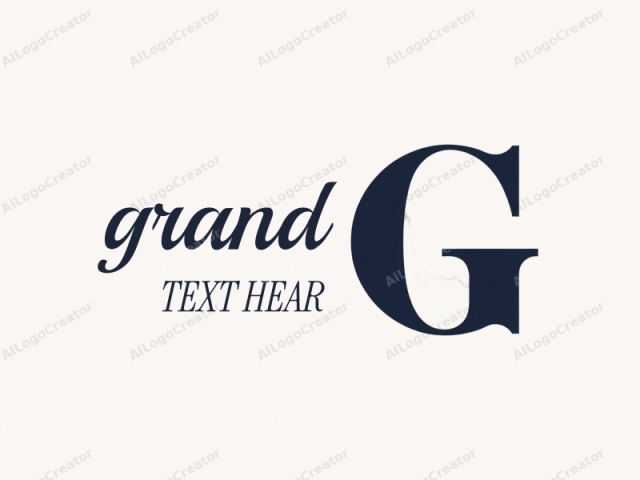 The image is a minimalist graphic with a clean, modern aesthetic. The central focus is a large, bold, lowercase "g" in a navy blue color. The letter "g" has a serif style, characterized by small, decorative details at