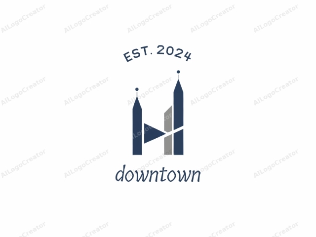 describing the elements, textures, and overall visual style. This is a digital, minimalist logo image featuring an abstract depiction of a cityscape. The main subject consists of three primary elements: a tall, thin, dark blue spire to the left