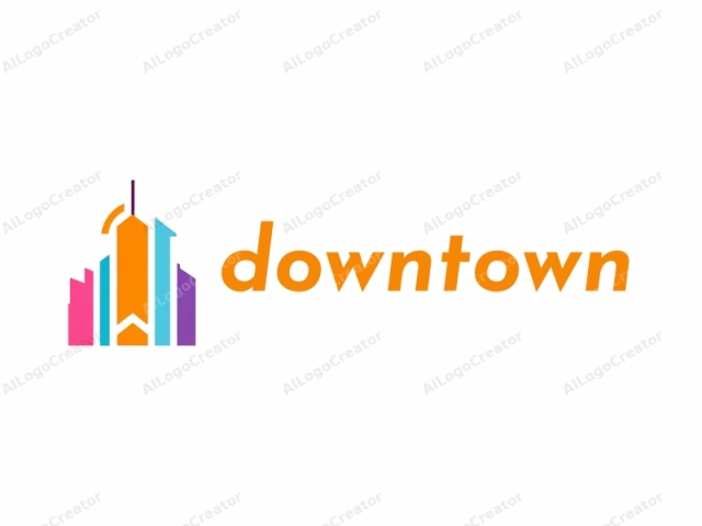 characterized by its abstract design, vibrant colors, and minimalist style. This logo features a stylized depiction of a modern high-rise building against a plain white background. The building's silhouette is composed of geometric shapes in various colors: a tall, narrow