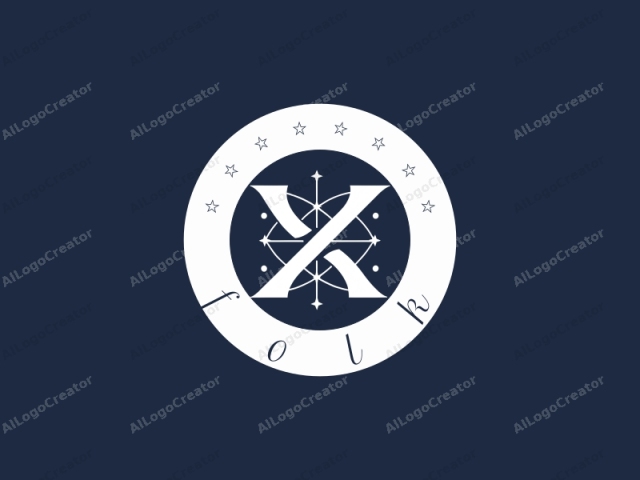 Este logotipo presenta un diseño geométrico blanco y audaz sobre un fondo azul marino oscuro. El diseño consta de dos líneas curvas grandes que se cruzan formando una forma de "X". Alrededor de esta "X" central hay estrellas más pequeñas, igualmente espaciadas.