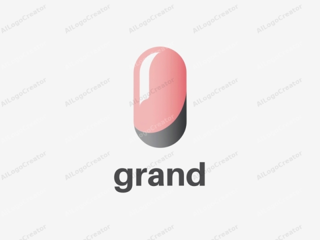 using a modern, minimalist design style. The logo is a sleek, abstract shape representing a pill or capsule. The pill is predominantly pink, with a glossy, reflective surface indicating a smooth, polished texture. The top portion of the pill is a