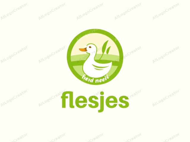 Este es un logotipo creado digitalmente que presenta un pato blanco estilizado. El pato está posicionado en el centro de un círculo verde brillante. El círculo verde tiene un fondo más claro, de color blanco roto, que se extiende más allá del borde verde, sugiriendo un campo o pradera.