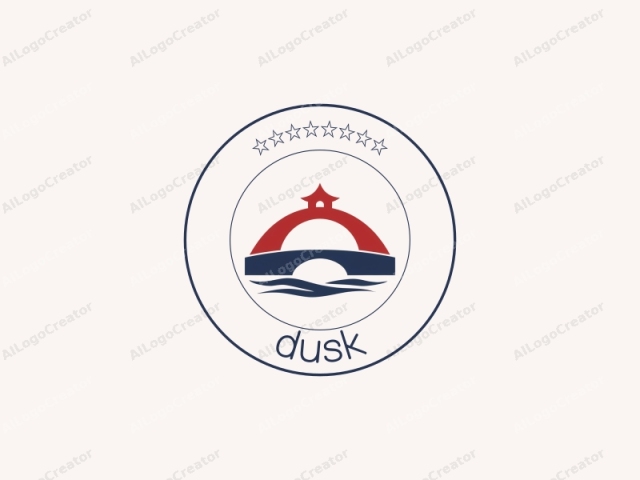 This is a stylized, minimalist logo depicting an arched bridge against a plain off-white background. The bridge is rendered in bold red and blue colors, with the arch and central dome in red and the bridge's lower half in blue. The