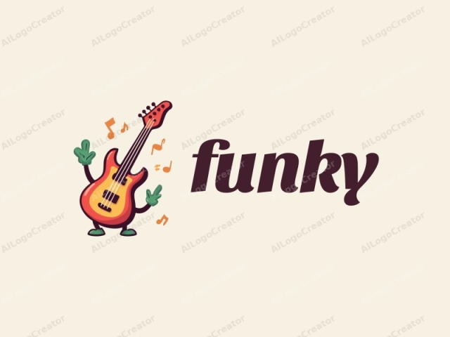 This image is a digital drawing of an anthropomorphic electric guitar. The guitar has a sleek, red body with a glossy finish, a black bridge, and a white pickguard. It is depicted standing upright, leaning slightly forward, and has a