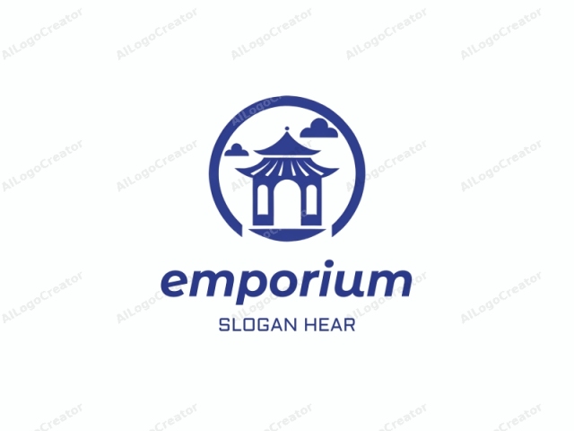 Das Logo ist eine stilisierte Zeichnung einer chinesischen Pagode in Blau vor einem weißen Hintergrund. Die Pagode, zentral innerhalb eines dicken, kreisförmigen blauen Umrisses positioniert, ist in einem vereinfachten, flach schattierten Stil dargestellt, ohne komplizierte oder detaillierte Elemente.