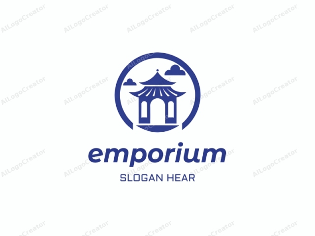 The logo is a stylized drawing of a Chinese pagoda in blue against a white background. The pagoda, positioned centrally within a thick, circular blue outline, is depicted in a simplified, flat-shaded style, with no intricate or detailed