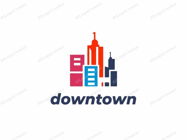 This is a minimalist, flat-style logo featuring three stylized buildings against a stark white background. The logo is created with bold, simple shapes and colors, giving it a clean and modern appearance. The tallest building, centrally positioned, is rendered in