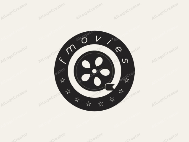 This logo is a minimalist design featuring a black film reel icon against a plain, off-white background. The film reel is circular with a diameter approximately equal to the height of the logo. It has six evenly spaced circular cutouts along its outer circumference