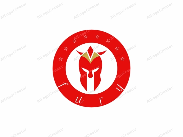 which depicts a stylized, simplified version of a classical Roman centurion helmet, featuring bold, sharp lines and flat colors. The helmet is primarily red with subtle golden accents and a white background. The helmet’s design is minimalist, focusing on