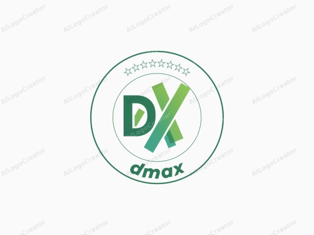 El logotipo presenta un diseño moderno y audaz compuesto por formas geométricas. En el centro, las letras "D" y "X" se muestran prominentemente en una fuente sans-serif grande, con un efecto de degradado que transita del verde oscuro a tonos más claros.