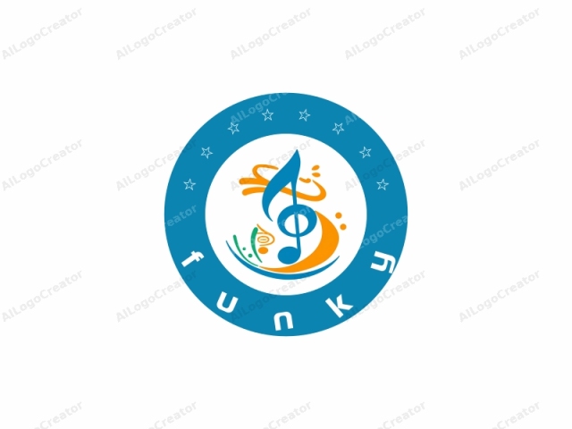 This is a stylized, digital logo design featuring musical elements in a modern, abstract form. The main components are vibrant, curved musical notes and symbols. The logo includes a large, blue treble clef in the center with a curved,