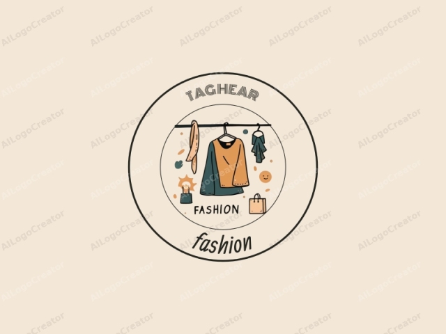 This is a minimalist, hand-drawn digital illustration in a pastel color palette, focusing on fashion-related elements. The image features a beige background that provides a clean and neutral canvas. In the center, a hanger is placed horizontally with a