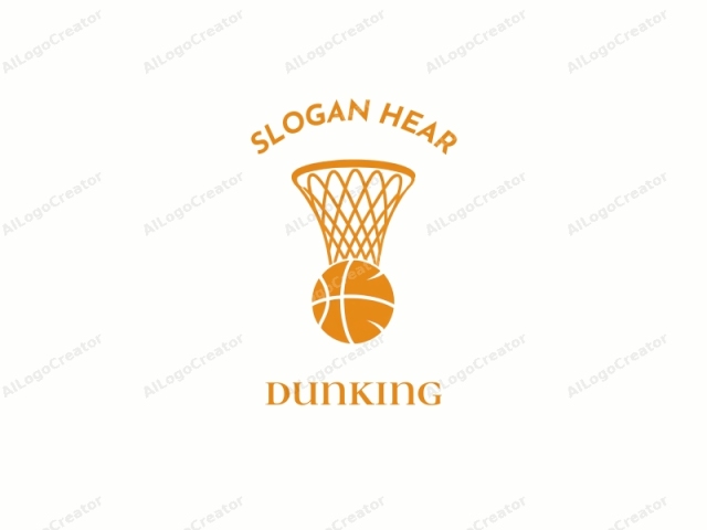 This image is a digital drawing in a minimalist, vector style, featuring a vibrant orange color. The drawing represents a basketball game and consists of two main elements: a basketball and a basketball hoop. The basketball is centrally positioned at the bottom of the